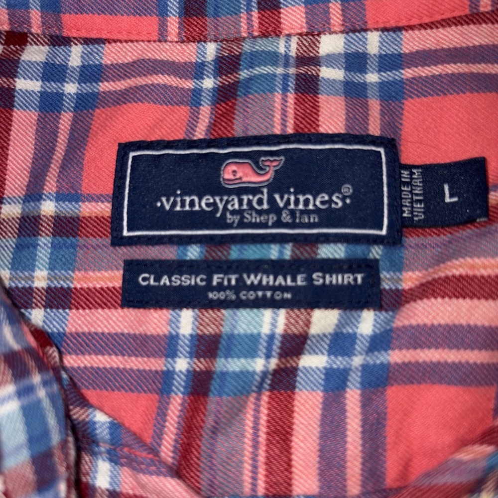 Vineyard Vines Men's Large Classic Fit Whale Shirt Cotton Flannel Pink Blue Red - Picture 2 of 6